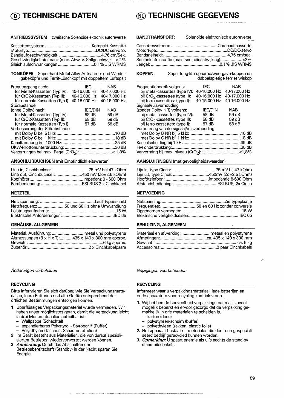 Technische daten ® technische gegevens, Änderungen vorbehalten | Philips FC 931 User Manual | Page 11 / 16