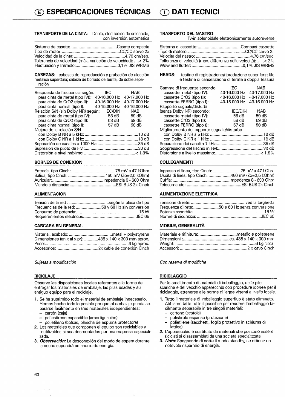 D especificaciones técnicas © dati tecnici, Especificaciones técnicas © dati tecnici | Philips FC 931 User Manual | Page 12 / 16