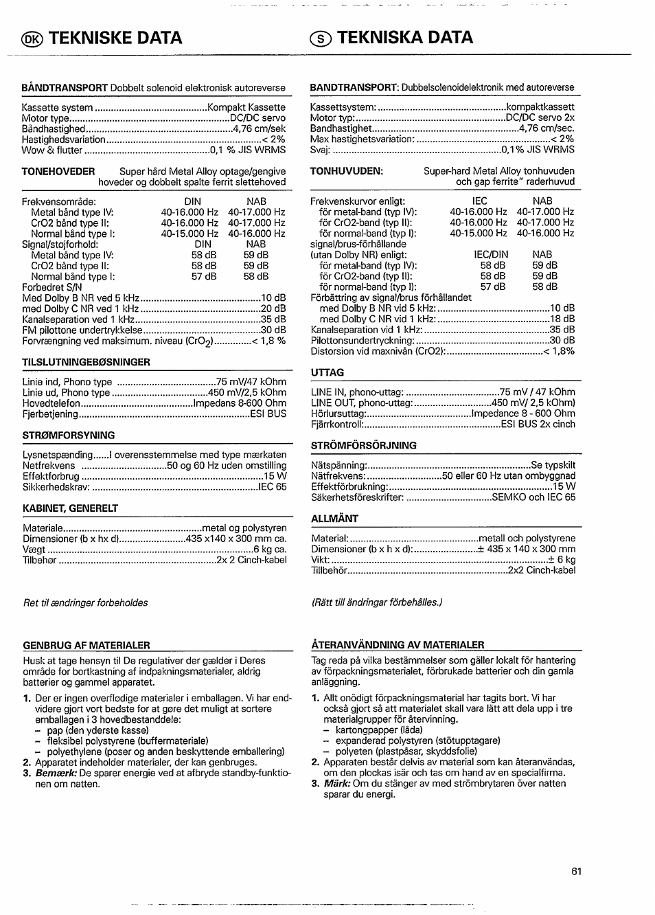 Tekniske data, Tekniska data | Philips FC 931 User Manual | Page 13 / 16