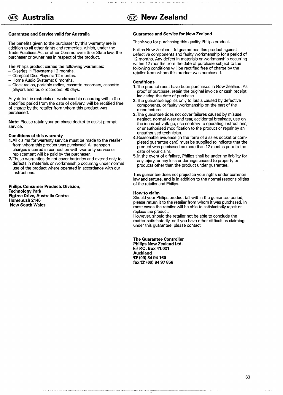 Guarantee and service valid for australia, Conditions of this warranty, Philips consumer products division | Guarantee and service for new zealand, Conditions, How to claim, Australia <@) new zealand | Philips FC 931 User Manual | Page 15 / 16