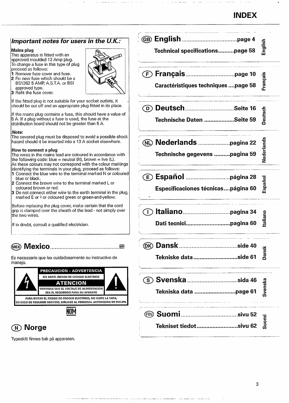 Index, Mains plug, How to connect a plug | Mexico, Ce) norge, English, Français, Deutsch, Nederlands, Cd español | Philips FC 931 User Manual | Page 3 / 16
