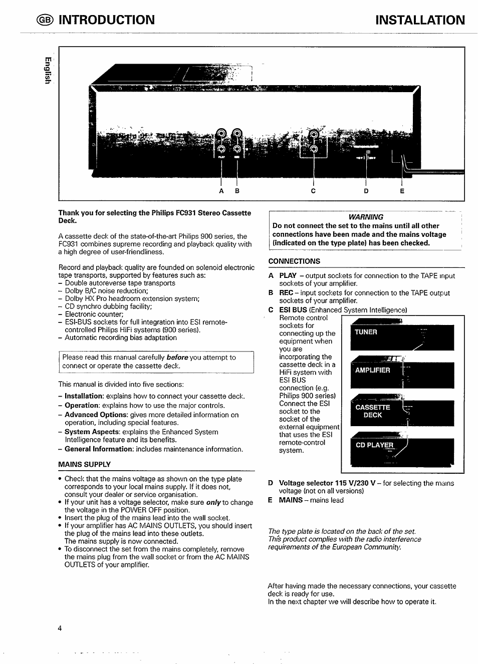 Mains supply, Connections, Introduction installation | Philips FC 931 User Manual | Page 4 / 16