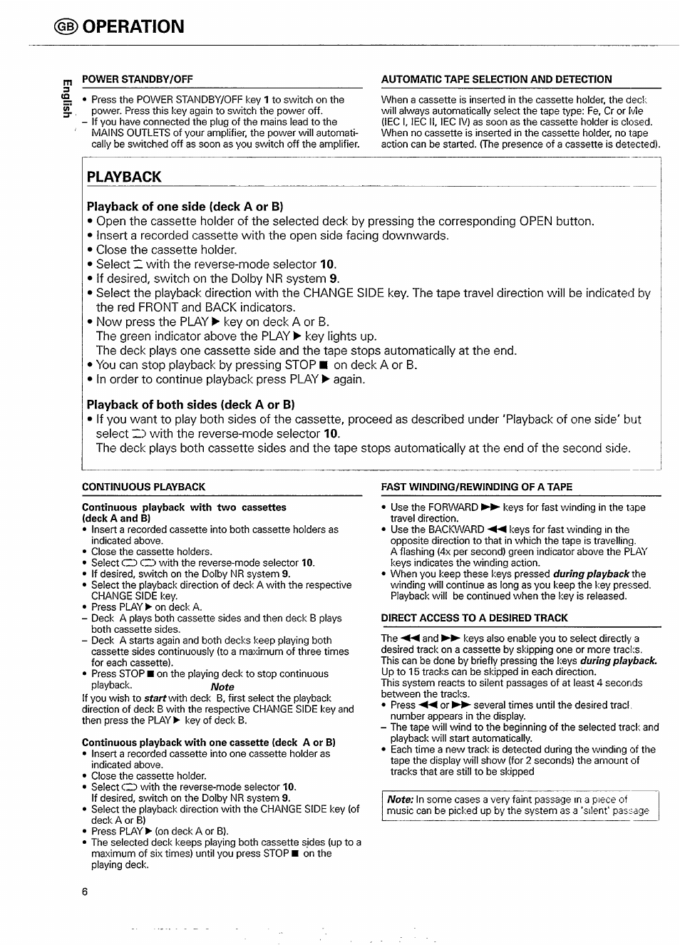Power standby/off, Automatic tape selection and detection, Continuous playback | Fast winding/rewinding of a tape, Continuous playback with two cassettes, Direct access to a desired track, Operation, Playback | Philips FC 931 User Manual | Page 6 / 16