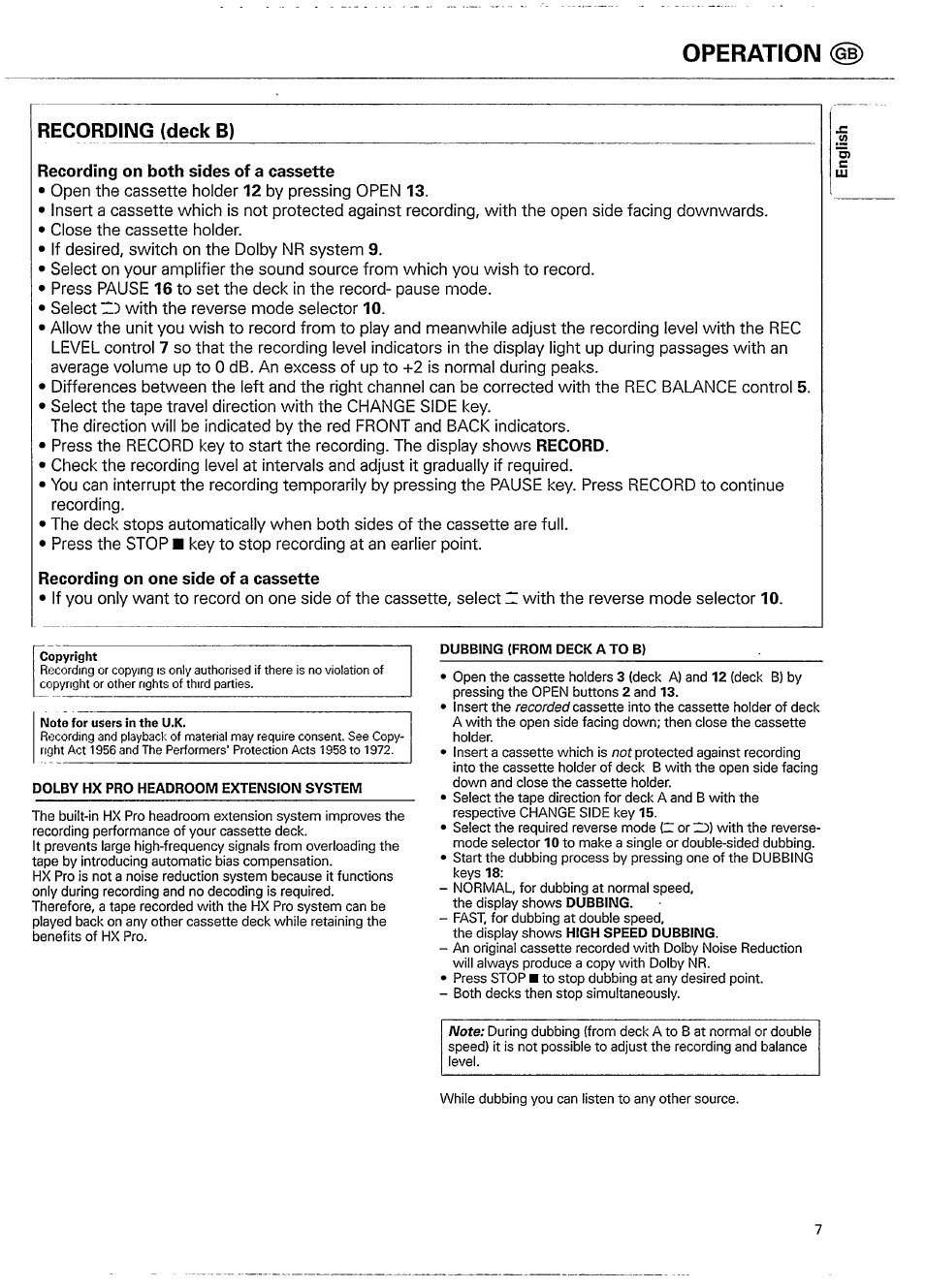 Operation <ìd, Recording (deck b) | Philips FC 931 User Manual | Page 7 / 16