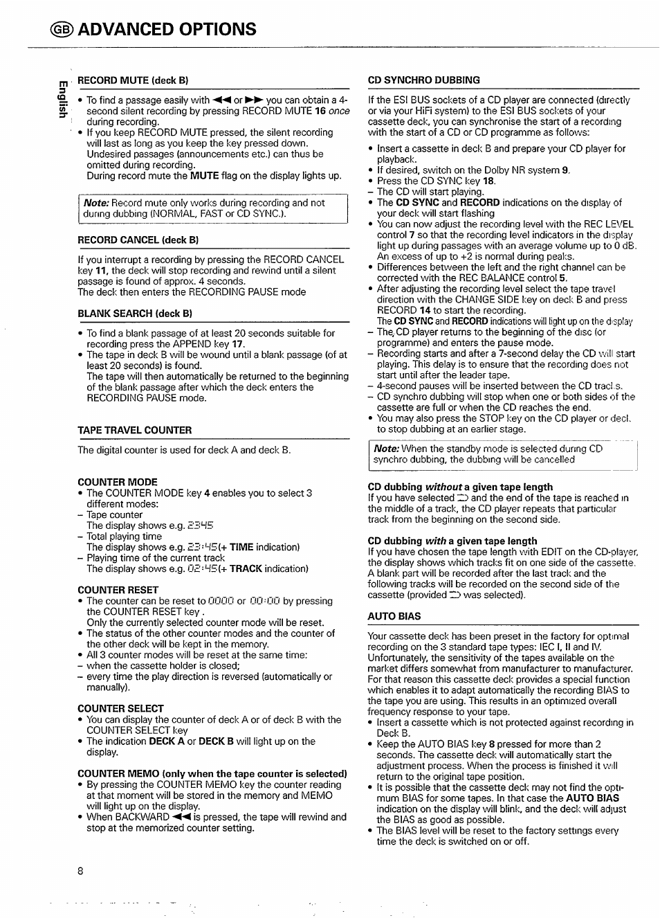 H) advanced options, Record mute (deck b), Cd synchro dubbing | Record cancel (deck b), Blank search (deck b), Tape travel counter, Counter mode, Counter reset, Counter select, Cd dubbing without a given tape length | Philips FC 931 User Manual | Page 8 / 16