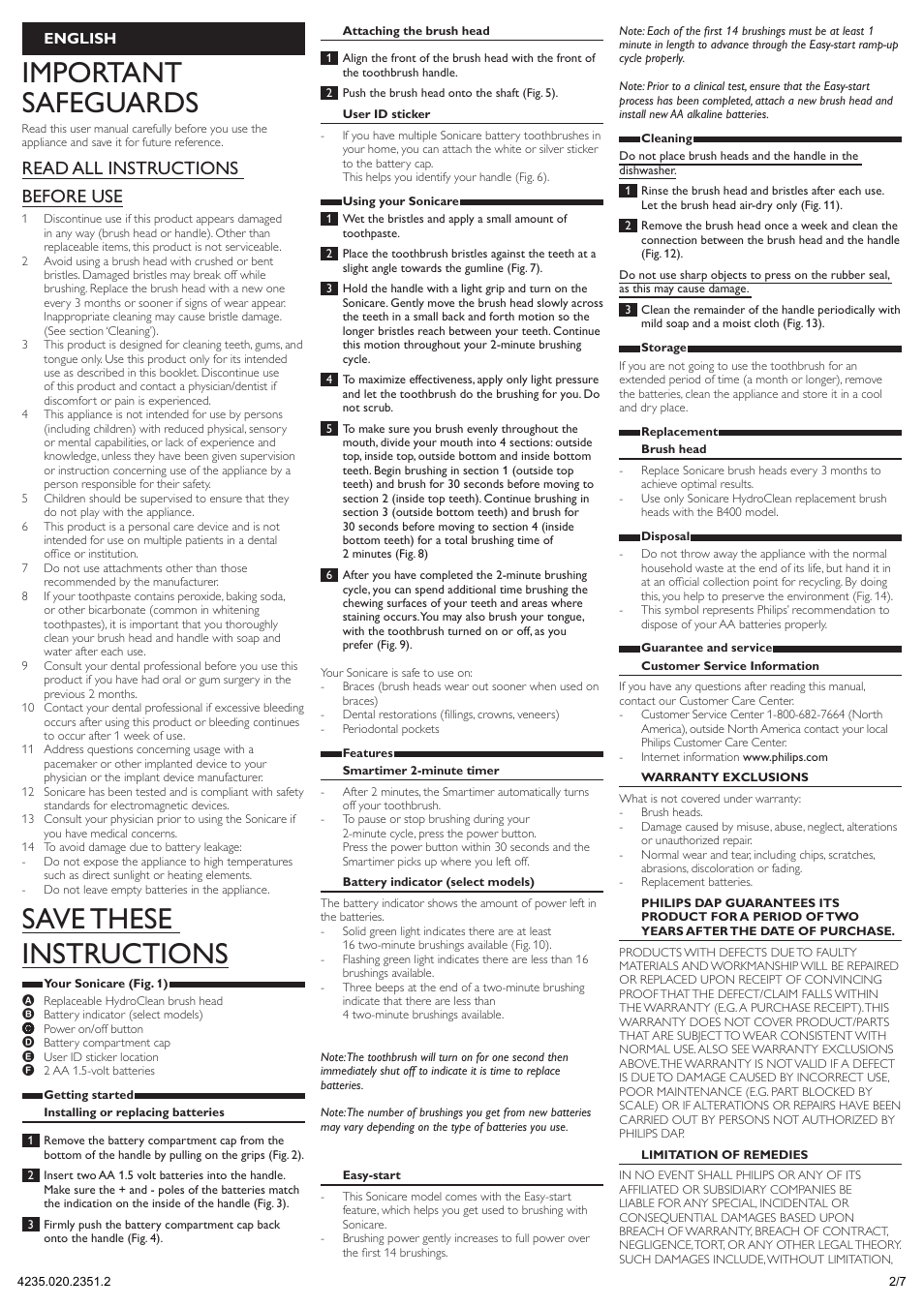 English, Important safeguards, Save these instructions | Read all instructions before use | Philips Toothbrush B400 User Manual | Page 2 / 7