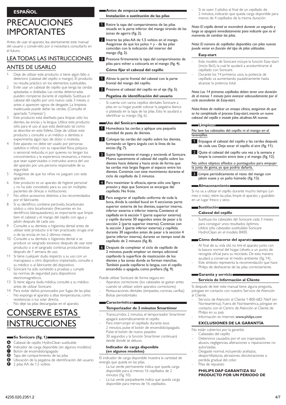 Español, Precauciones importantes, Conserve estas instrucciones | Lea todas las instrucciones antes de usarlo | Philips Toothbrush B400 User Manual | Page 4 / 7