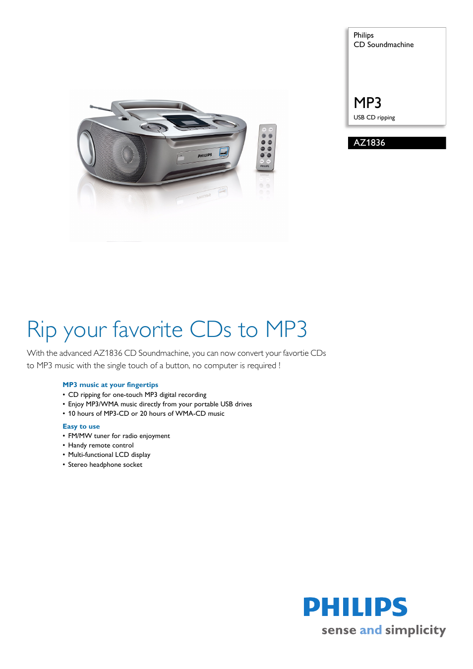 Philips AZ1836/98 User Manual | 2 pages