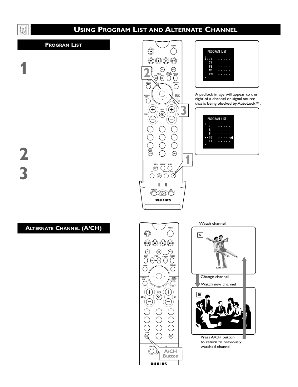 A/ch), Sing, Rogram | Ist and, Lternate, Hannel, A/ch button | Philips 51PW9363 User Manual | Page 28 / 65