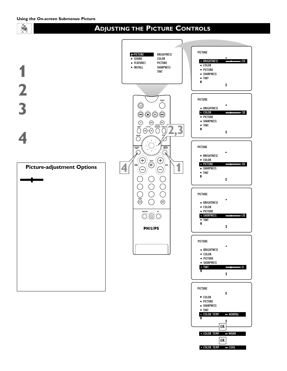 Picture-adjustment options, Djusting the, Icture | Ontrols | Philips 51PW9363 User Manual | Page 30 / 65