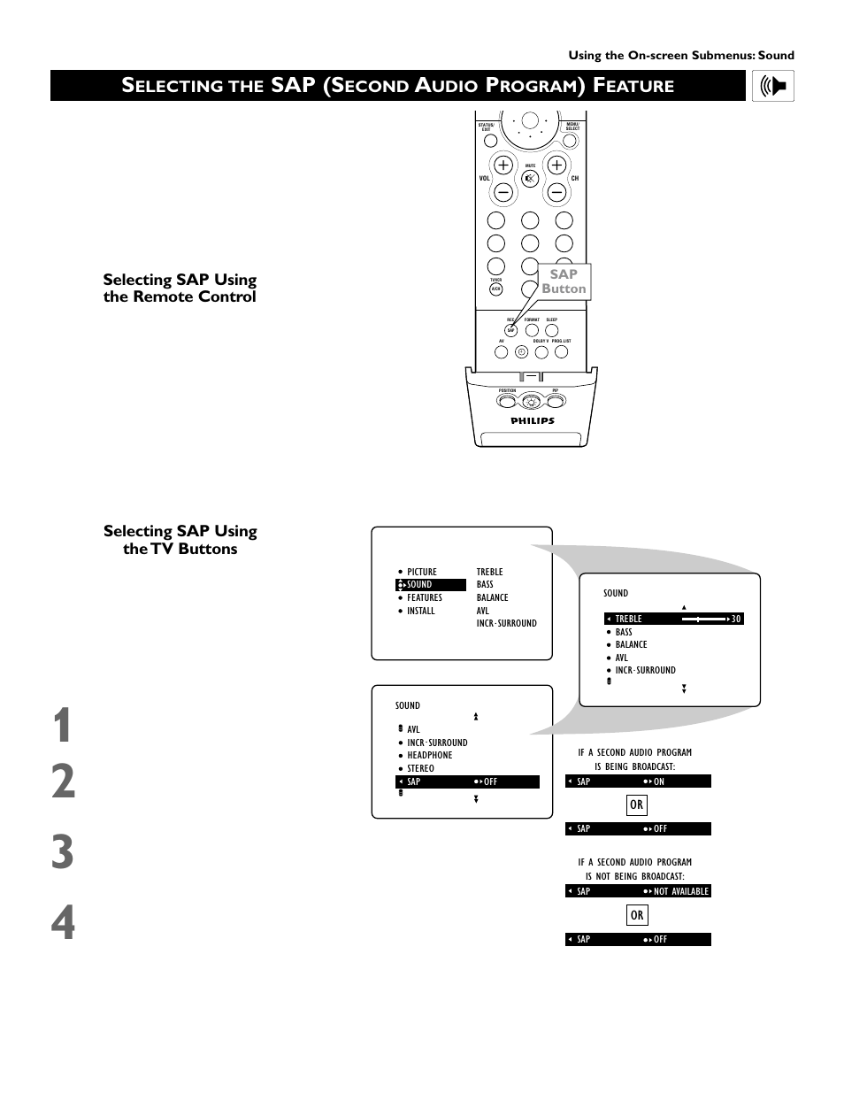 Sap (s, Electing the, Econd | Udio, Rogram, Eature, Selecting sap using the tv buttons, Selecting sap using the remote control | Philips 51PW9363 User Manual | Page 37 / 65