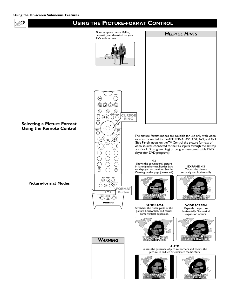 Sing the, Icture, Format | Ontrol, Picture-format modes, Elpful, Ints, Arning | Philips 51PW9363 User Manual | Page 54 / 65