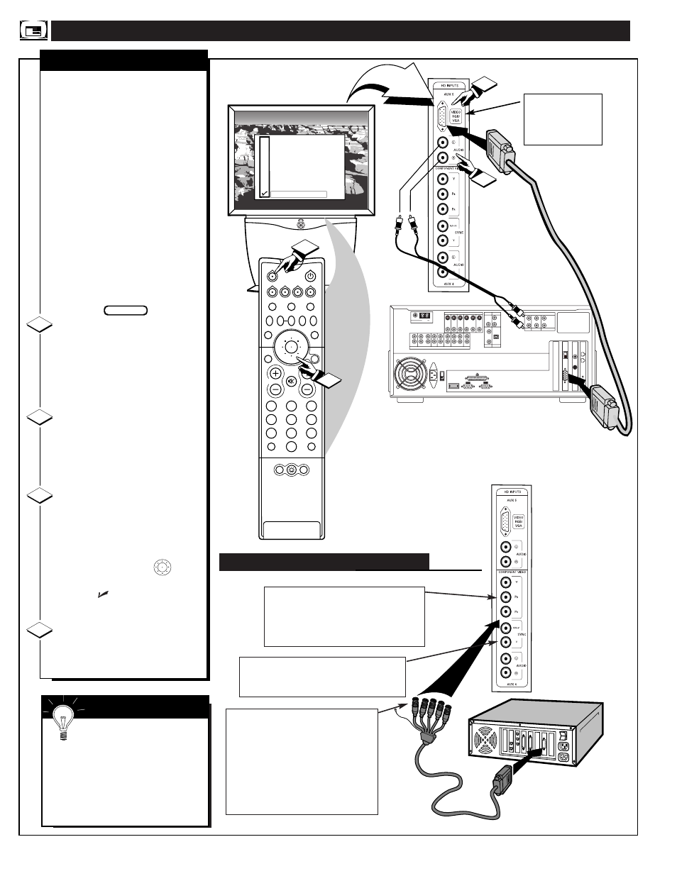 Onitor, Eatures, Ontrols | Hd component video in, Vga/rgb/hdcomponent, Vol menu ch status/exit, Mart | Philips 60PP 9601 User Manual | Page 38 / 60