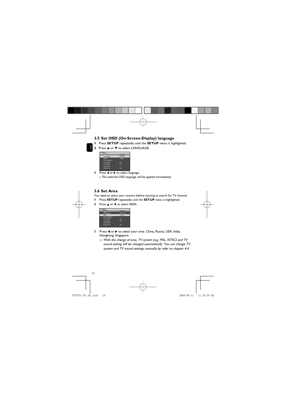 5 set osd (on-screen-display) language, 6 set area | Philips PVD778 User Manual | Page 10 / 20