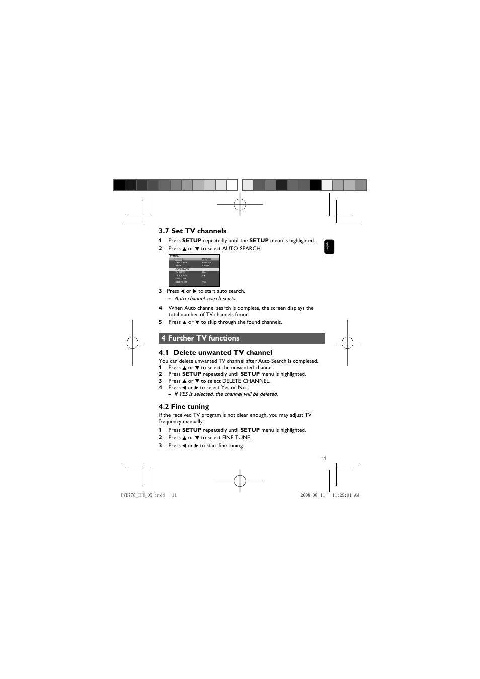 7 set tv channels, 2 fine tuning | Philips PVD778 User Manual | Page 11 / 20