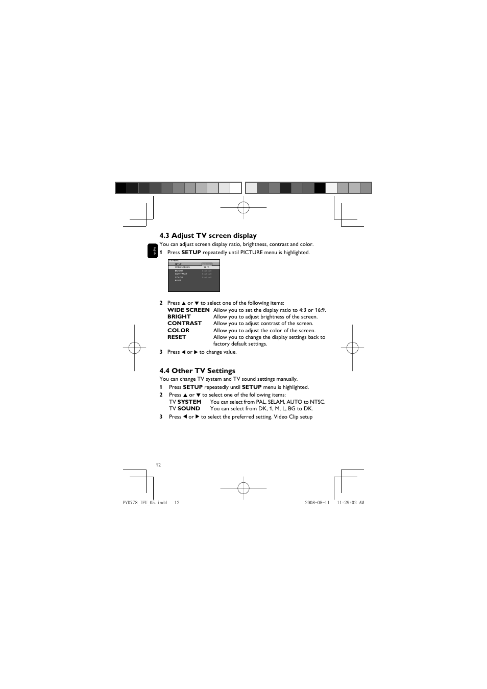 3 adjust tv screen display, 4 other tv settings | Philips PVD778 User Manual | Page 12 / 20