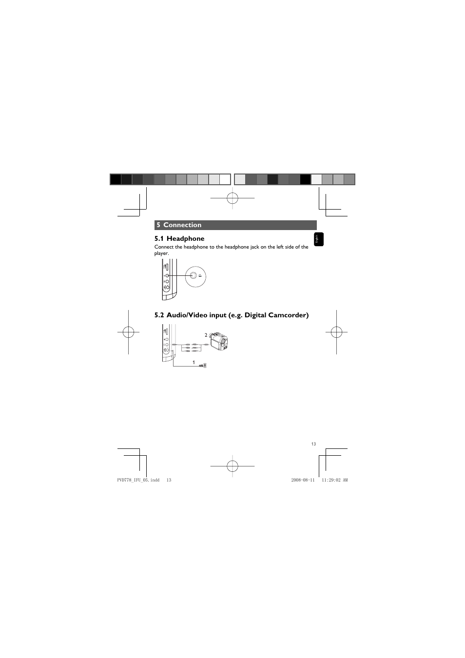 5 connection 5.1 headphone, 2 audio/video input (e.g. digital camcorder) 9-12v | Philips PVD778 User Manual | Page 13 / 20