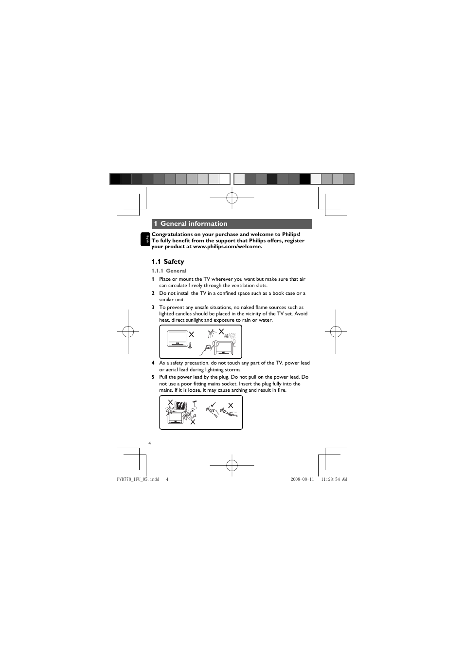 1 general information, 1 safety | Philips PVD778 User Manual | Page 4 / 20