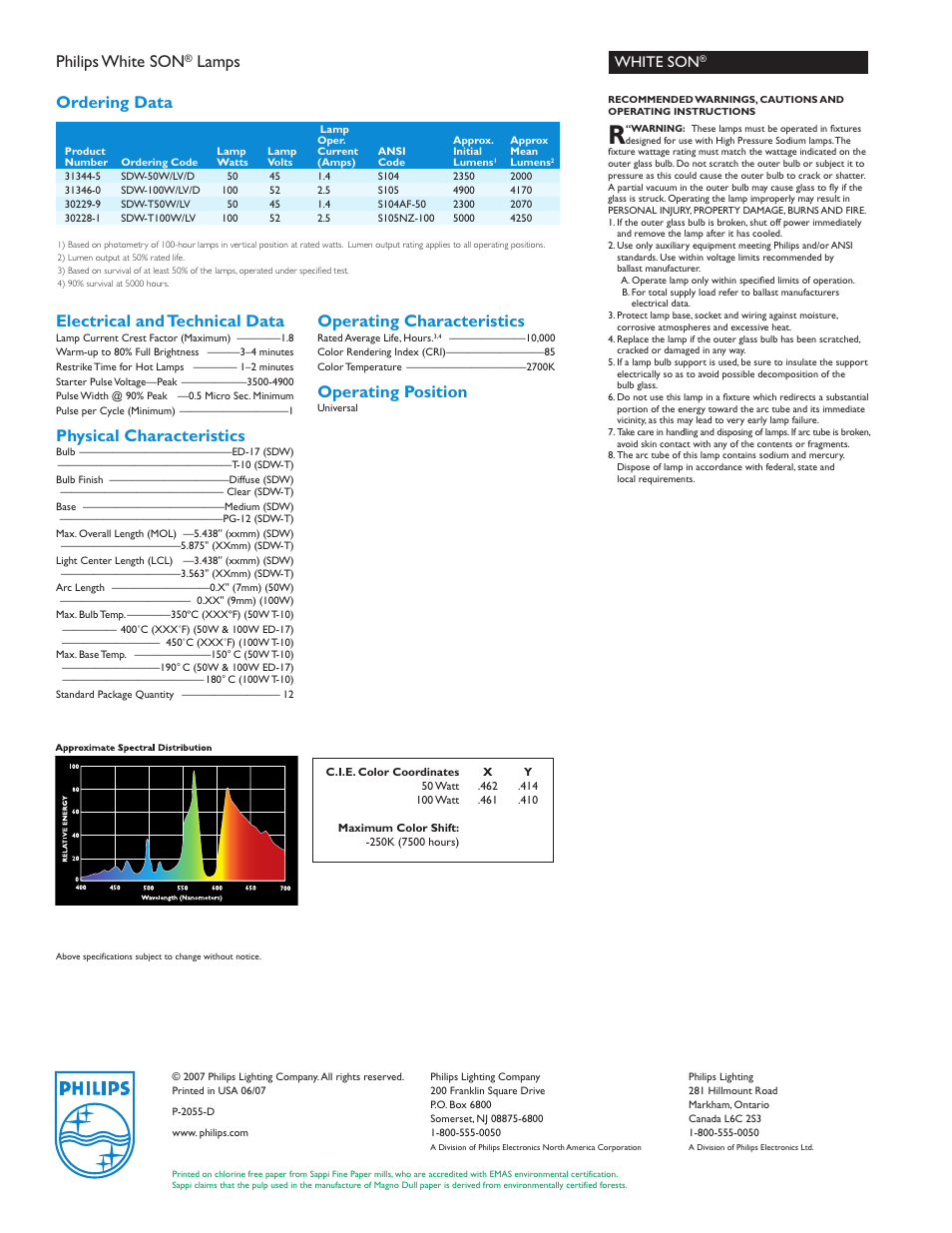 Philips white son, Lamps, Electrical and technical data | Physical characteristics, Operating characteristics, Operating position, Ordering data, White son | Philips P-2055-D User Manual | Page 2 / 2