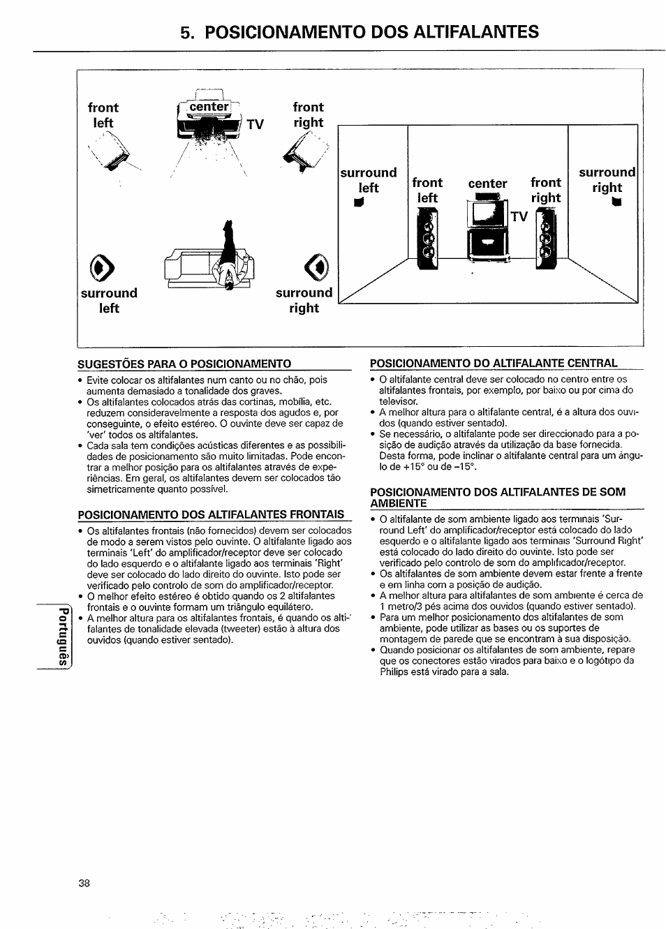 Sugestóes para o posicioimamento, Posicioimamento dos altifalantes fromtais, Posicionamento do altifalante central | Posicionamento dos altifalantes de som, Ambiente, Posicionamento dos altifalantes, Front left front surround left | Philips FB 603 User Manual | Page 6 / 8