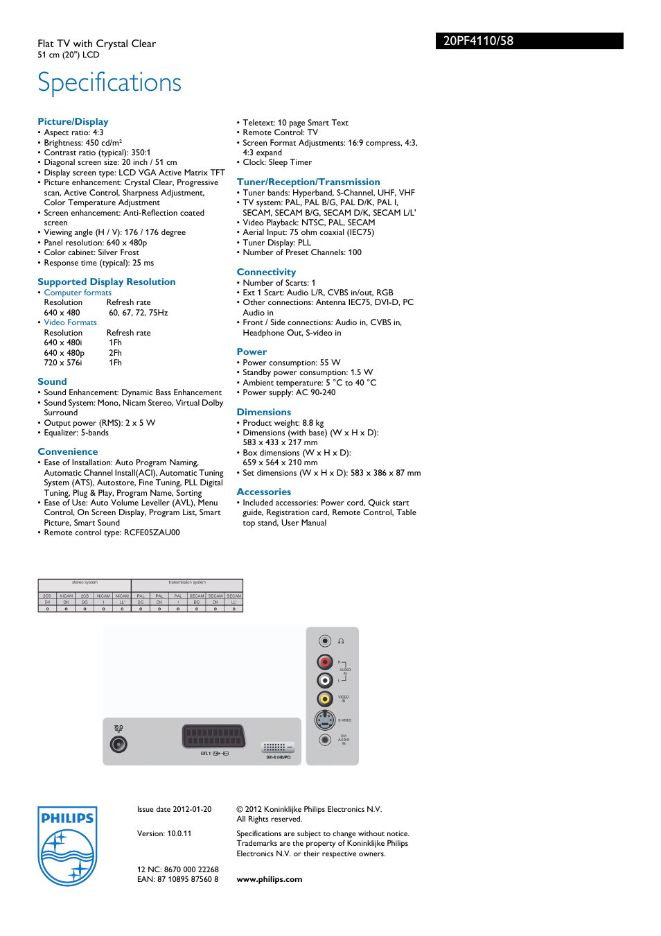 Specifications | Philips 20PF4110 User Manual | Page 3 / 3