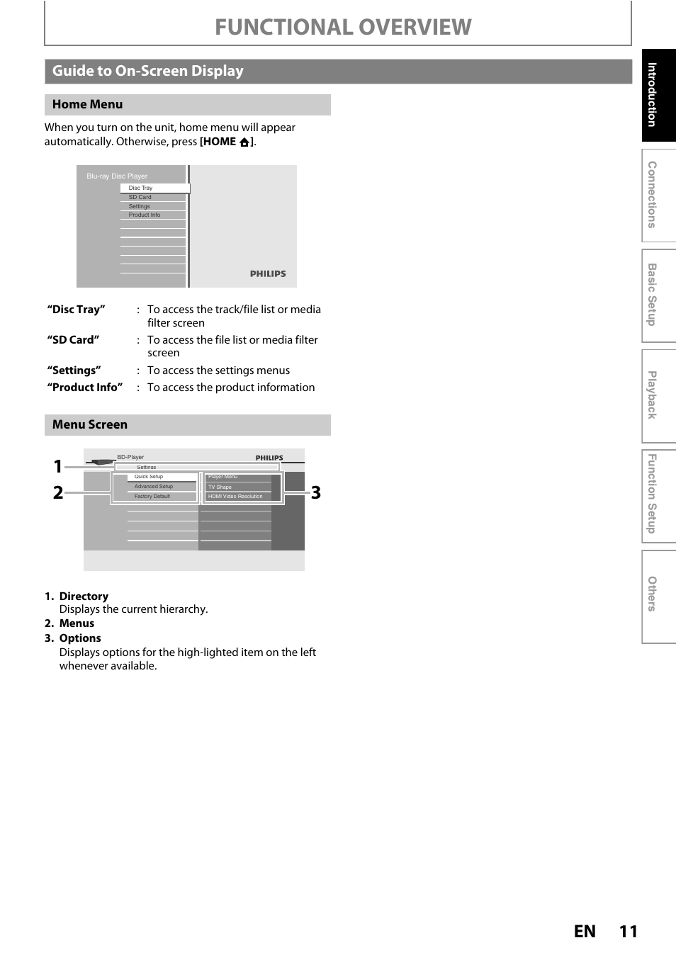 Guide to on-screen display, Functional overview | Philips BDP5010/F7 User Manual | Page 11 / 56