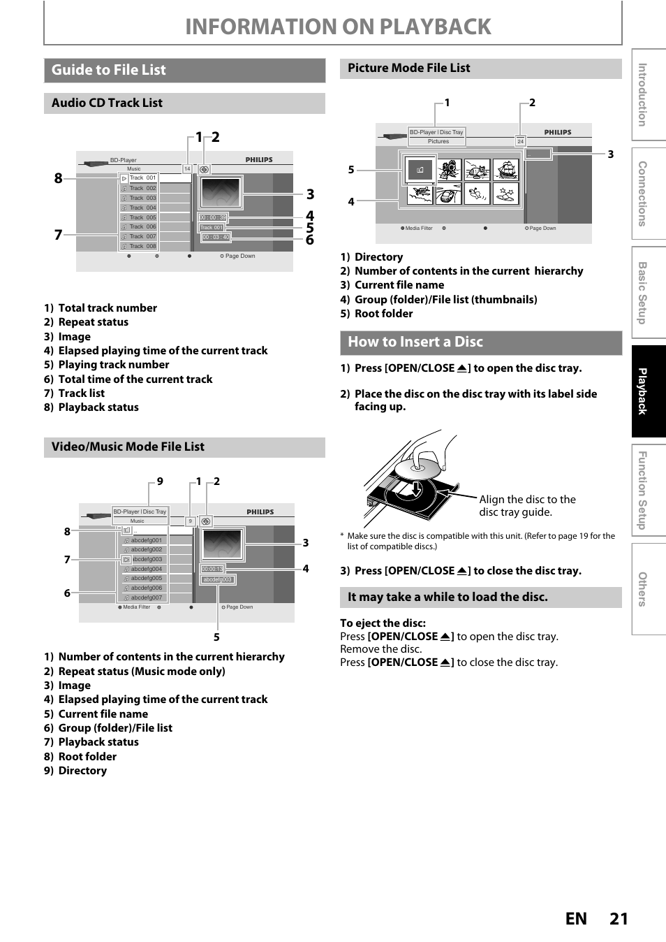 Guide to file list how to insert a disc, Information on playback, Guide to file list | How to insert a disc, Audio cd track list video/music mode file list, Picture mode file list, It may take a while to load the disc | Philips BDP5010/F7 User Manual | Page 21 / 56