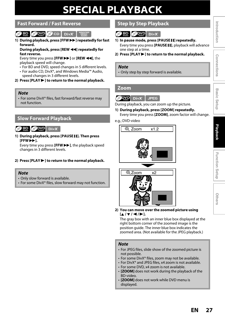 Special playback, 27 en, Fast forward / fast reverse | Slow forward playback, Step by step playback, Zoom | Philips BDP5010/F7 User Manual | Page 27 / 56