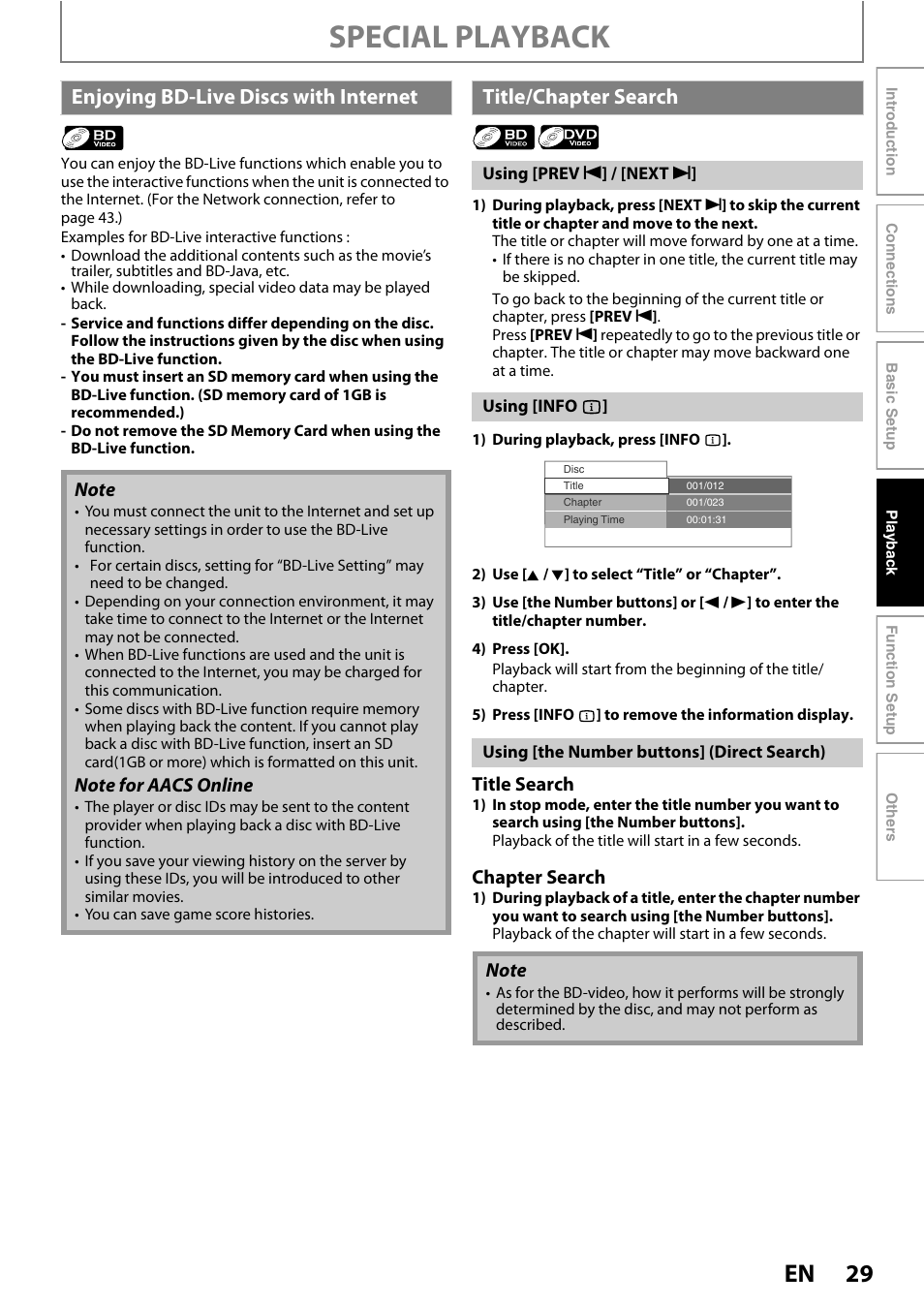 Special playback, Enjoying bd-live d iscs with internet, Title/chapter search | Title search, Chapter search | Philips BDP5010/F7 User Manual | Page 29 / 56