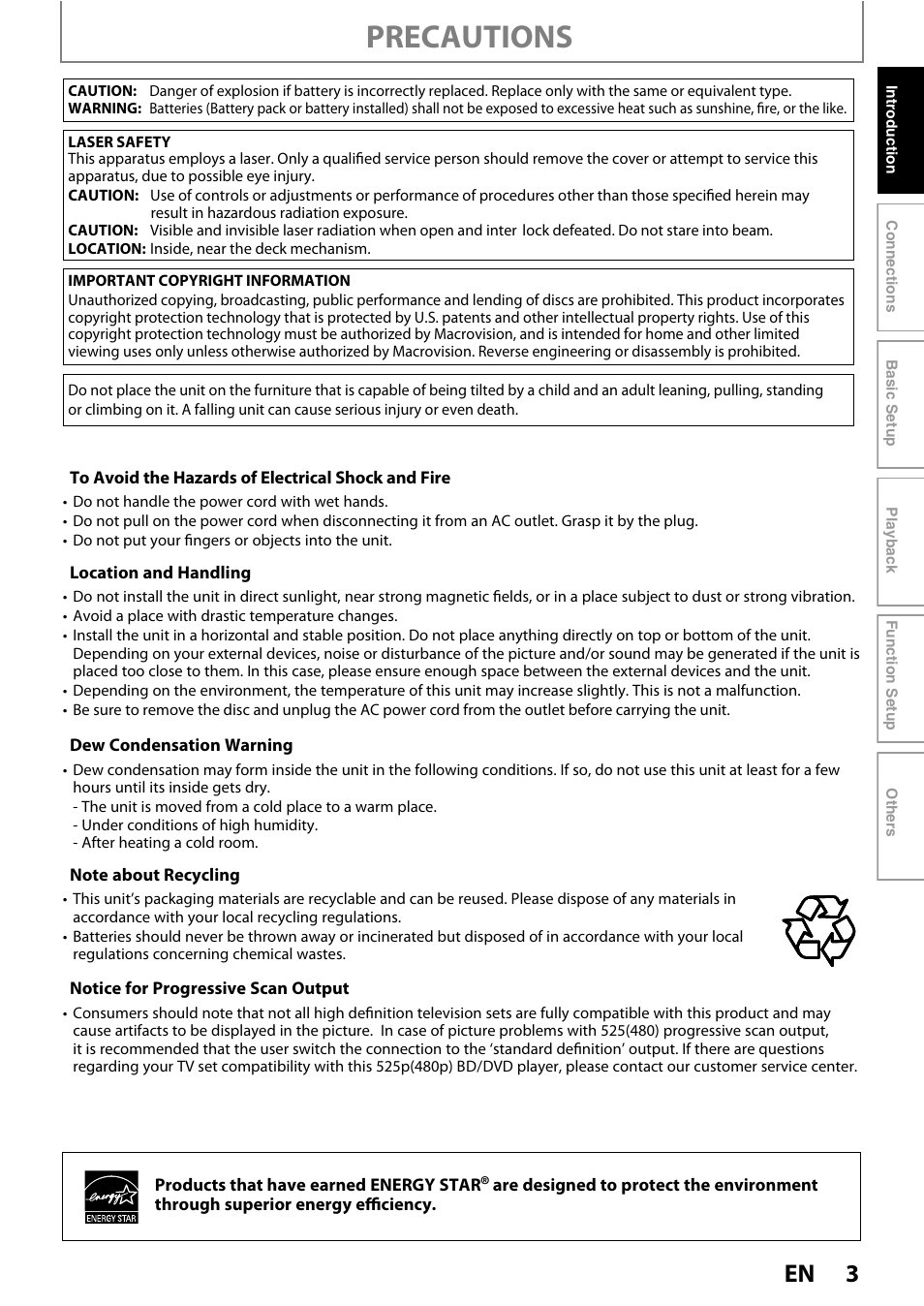 Precautions | Philips BDP5010/F7 User Manual | Page 3 / 56