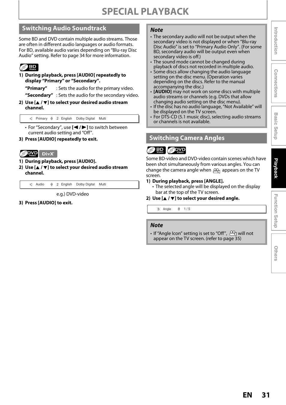 Switching audio soundtrack switching camera angles, Special playback, Switching audio soundtrack | Switching camera angles | Philips BDP5010/F7 User Manual | Page 31 / 56