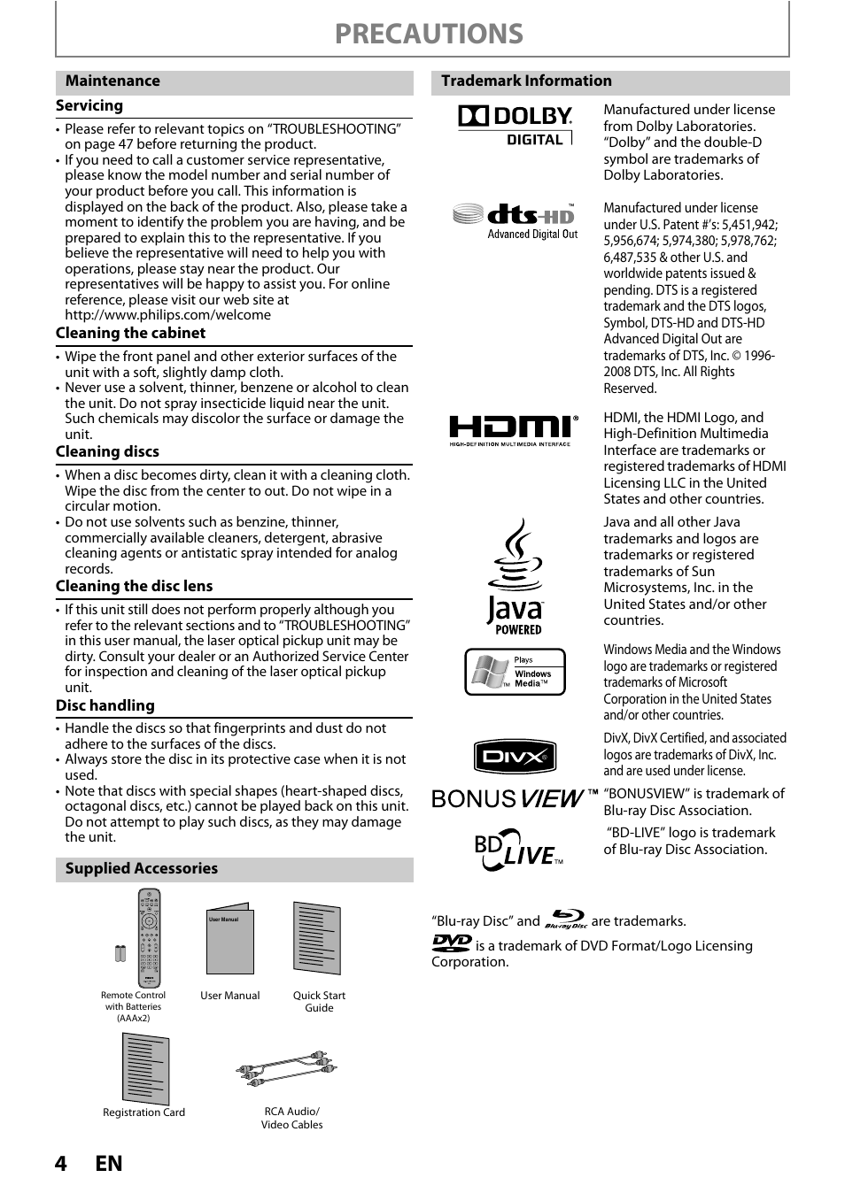 Precautions | Philips BDP5010/F7 User Manual | Page 4 / 56