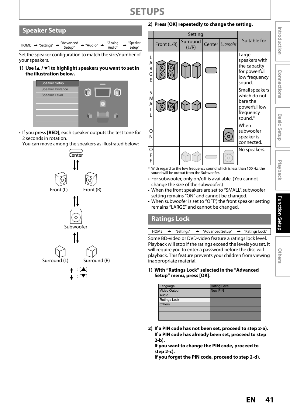 Speaker setup ratings lock, Setups, Speaker setup | Ratings lock | Philips BDP5010/F7 User Manual | Page 41 / 56