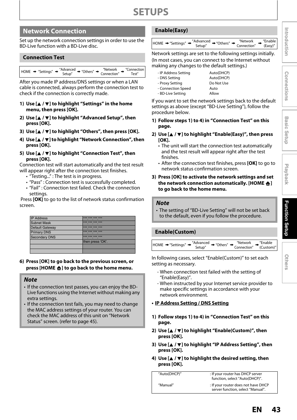 Network connection, Setups | Philips BDP5010/F7 User Manual | Page 43 / 56