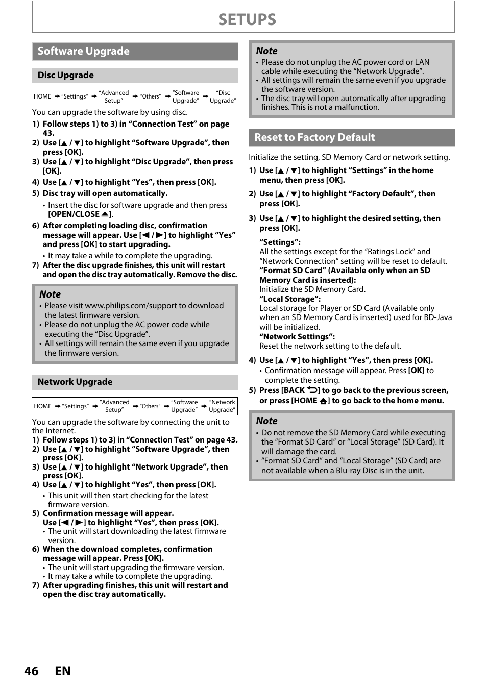 Software upgrade reset to factory default, Setups, Software upgrade | Reset to factory default | Philips BDP5010/F7 User Manual | Page 46 / 56