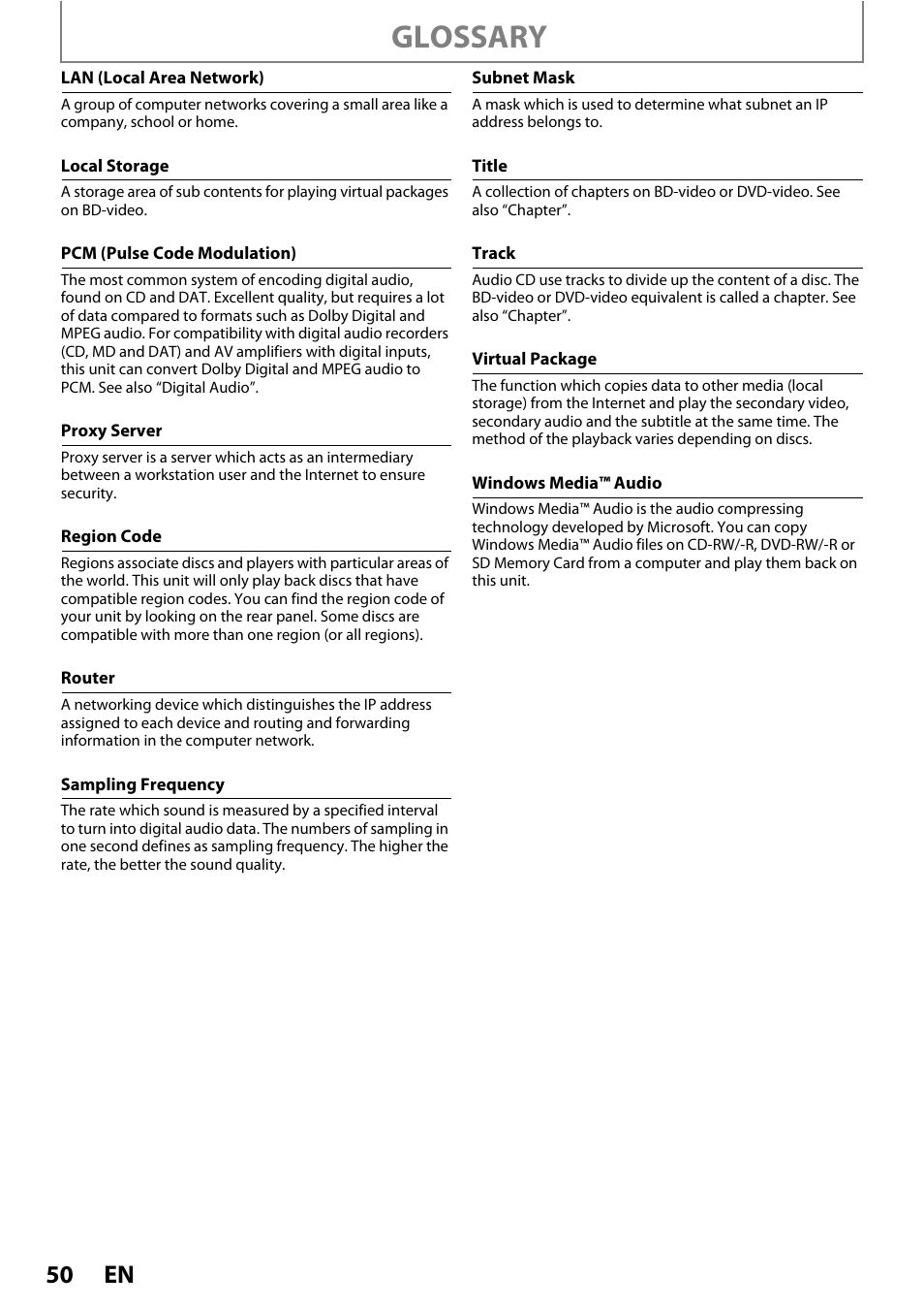 Lso “title, Sampling frequency” an, Glossary | Philips BDP5010/F7 User Manual | Page 50 / 56