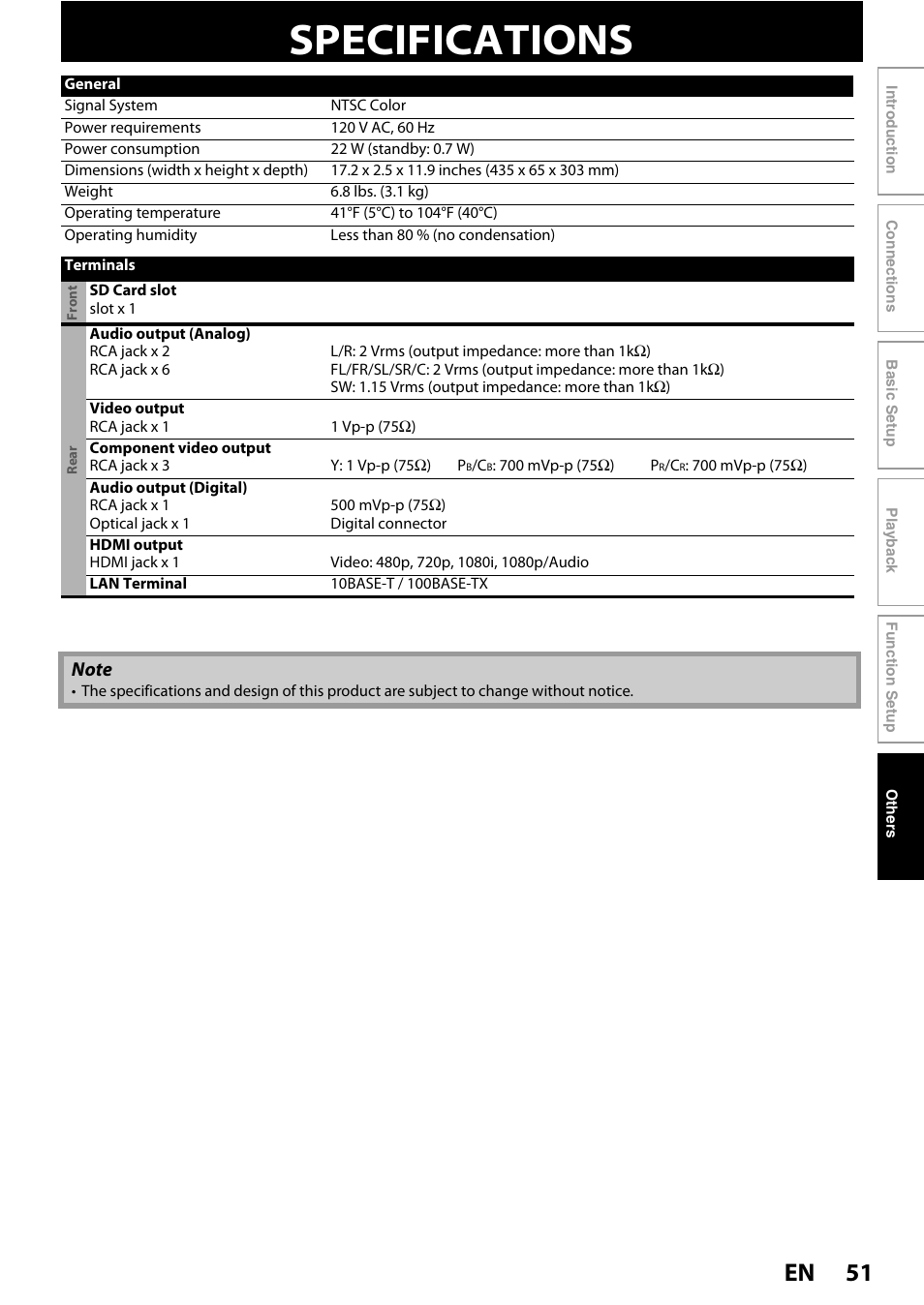 Specifications, 51 en | Philips BDP5010/F7 User Manual | Page 51 / 56