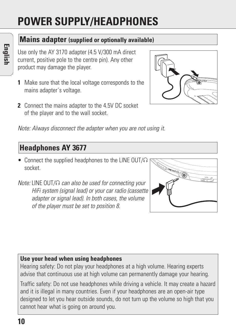 Power supply/headphones, Headphones ay 3677, Mains adapter | English, Supplied or optionally available) | Philips AZ9003/11 User Manual | Page 10 / 62