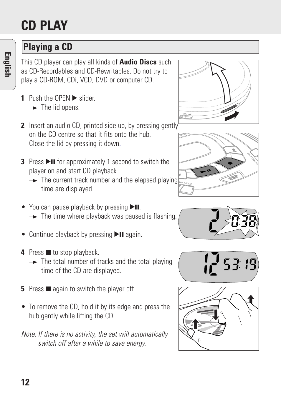 Cd play, Playing a cd, English | Philips AZ9003/11 User Manual | Page 12 / 62