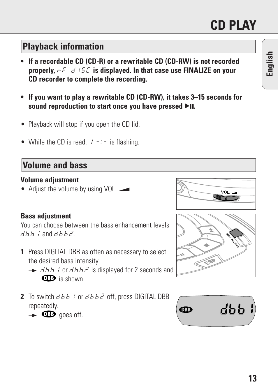 Cd play, Volume and bass playback information, English | Philips AZ9003/11 User Manual | Page 13 / 62