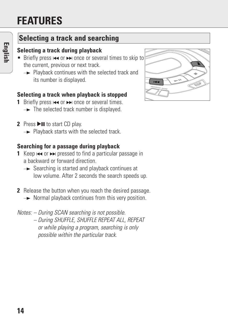 Features, Selecting a track and searching, English | Philips AZ9003/11 User Manual | Page 14 / 62