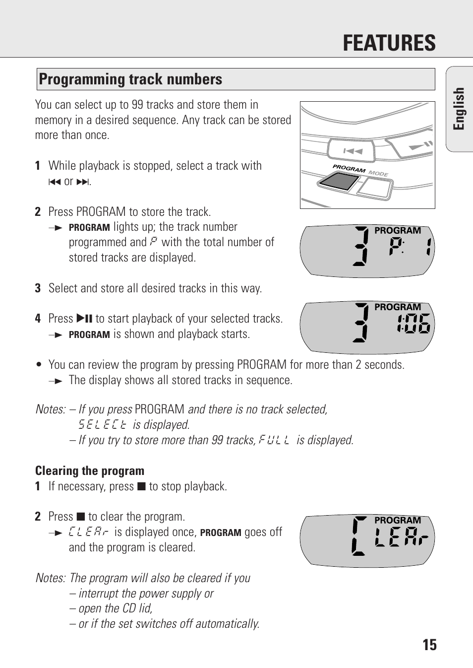 Features, Programming track numbers, English | Philips AZ9003/11 User Manual | Page 15 / 62