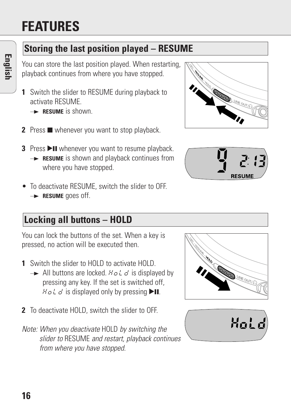 Features, Locking all buttons – hold, Storing the last position played – resume | English | Philips AZ9003/11 User Manual | Page 16 / 62