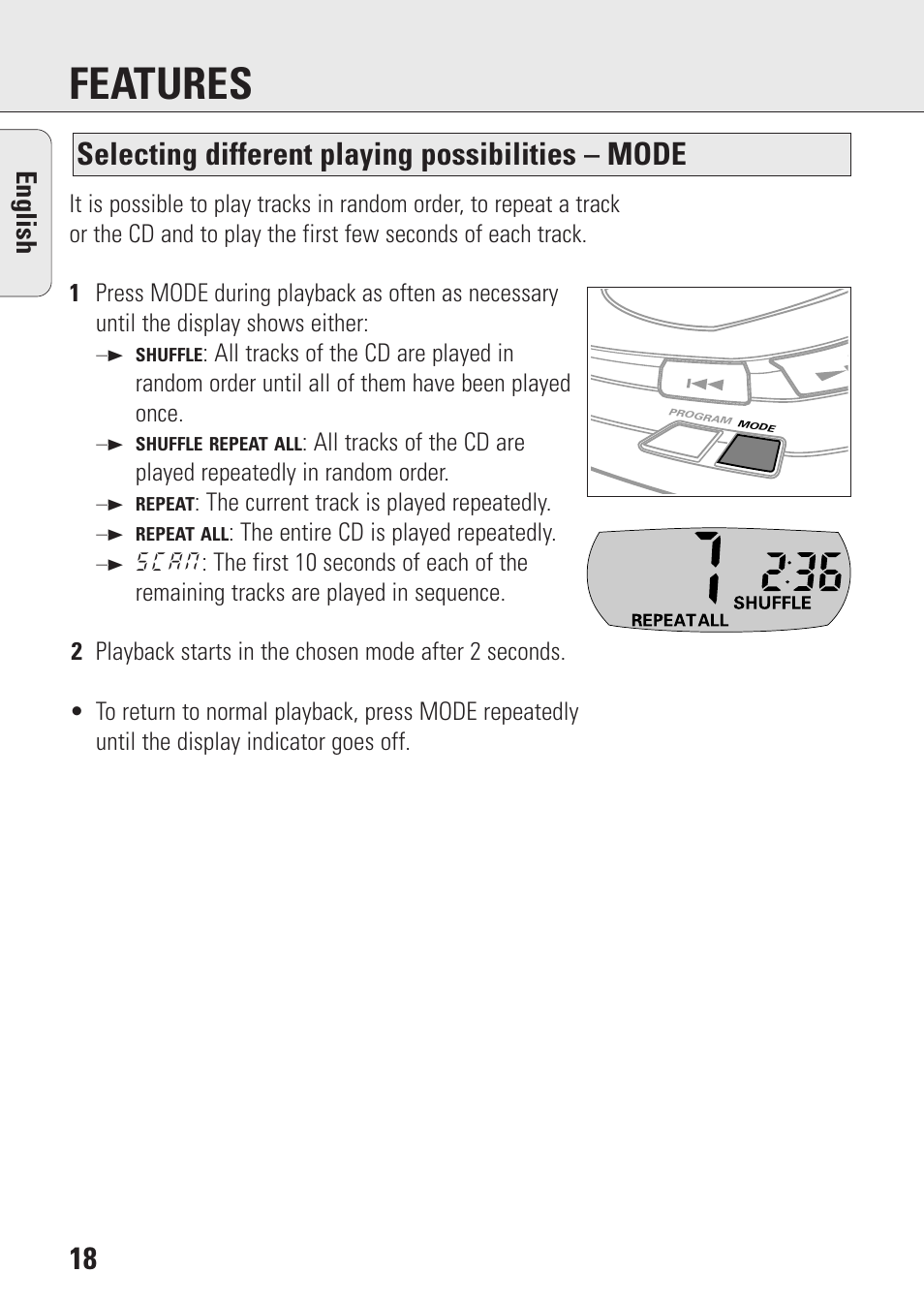 Features, Selecting different playing possibilities – mode, English | Philips AZ9003/11 User Manual | Page 18 / 62