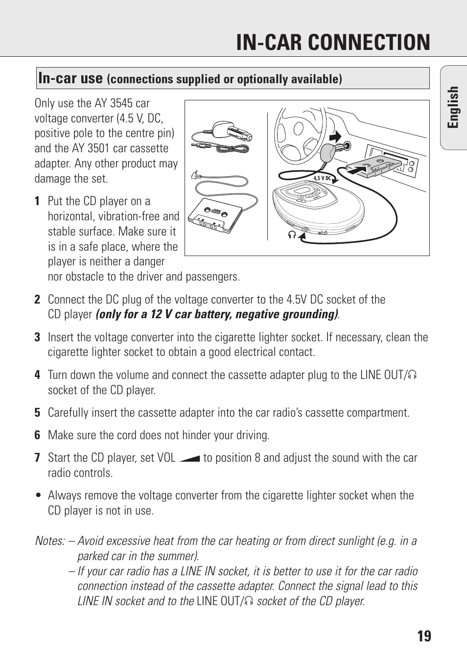 In-car connection, In-car use, English | Connections supplied or optionally available) | Philips AZ9003/11 User Manual | Page 19 / 62