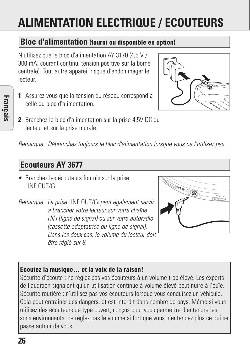 Alimentation electrique / ecouteurs, Ecouteurs ay 3677, Bloc d'alimentation | Fran ç ais, Fourni ou disponible en option) | Philips AZ9003/11 User Manual | Page 26 / 62