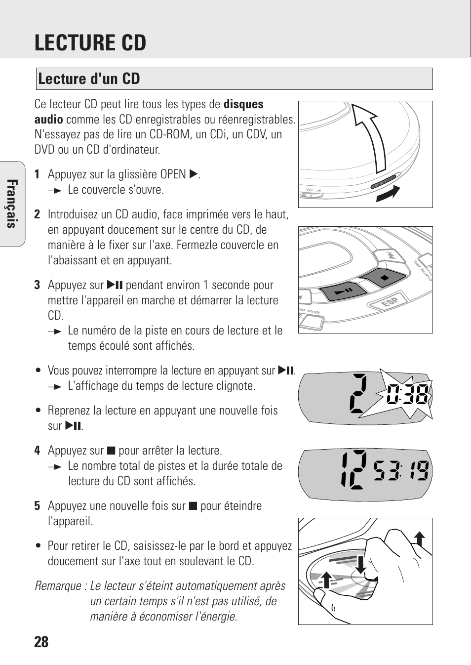 Lecture cd, Lecture d'un cd, Fran ç ais | Philips AZ9003/11 User Manual | Page 28 / 62