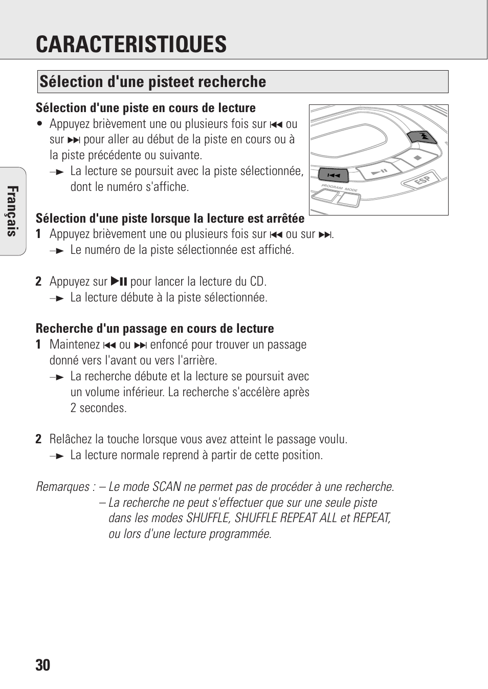 Caracteristiques, Sélection d'une pisteet recherche, Fran ç ais | Philips AZ9003/11 User Manual | Page 30 / 62