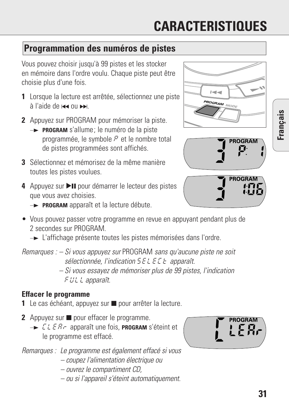 Caracteristiques, Programmation des numéros de pistes, Fran ç ais | Philips AZ9003/11 User Manual | Page 31 / 62