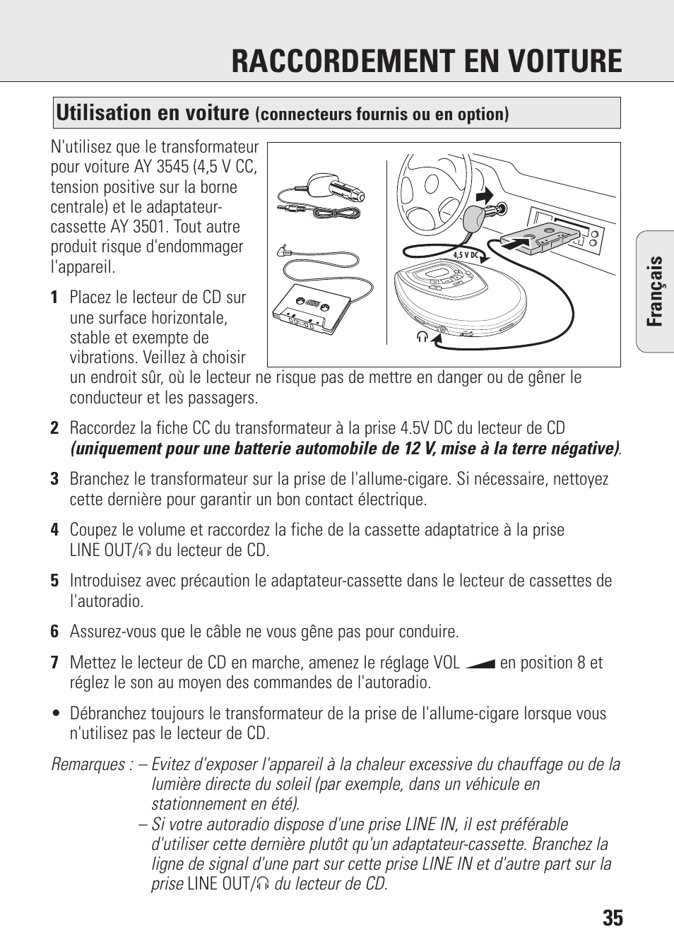 Raccordement en voiture, Utilisation en voiture, Fran ç ais | Connecteurs fournis ou en option) | Philips AZ9003/11 User Manual | Page 35 / 62